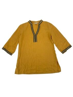 The Territory Ahead Women's Size Small Top Yellow 100% Linen V Neck Embroidered